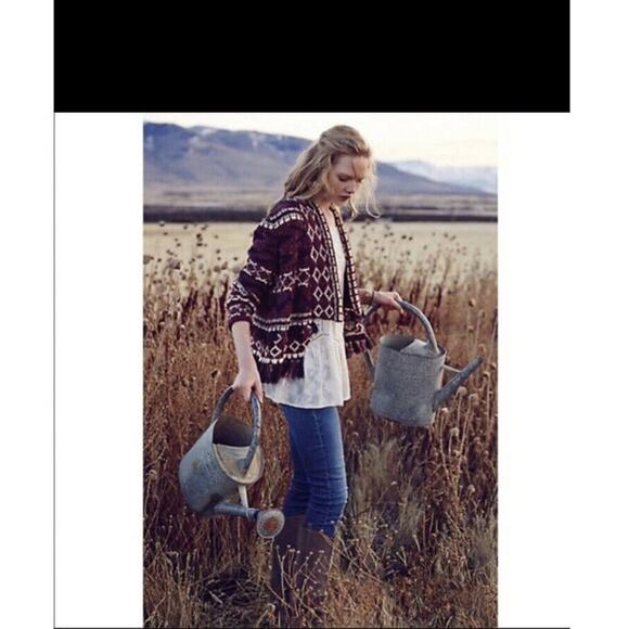 Anthropologie Moth Vera Fringe Cardigan XS S Sweater Aztec Cotton Red Cream Fall - Picture 2 of 15